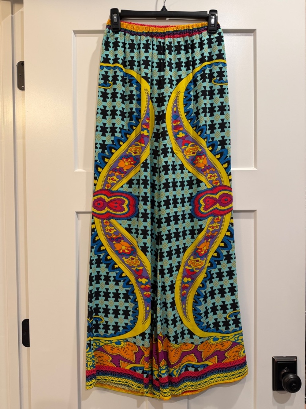 Vibrant Geometric Boho Palazzo Wide Leg Pants in Black, Blue, Yellow & Pink